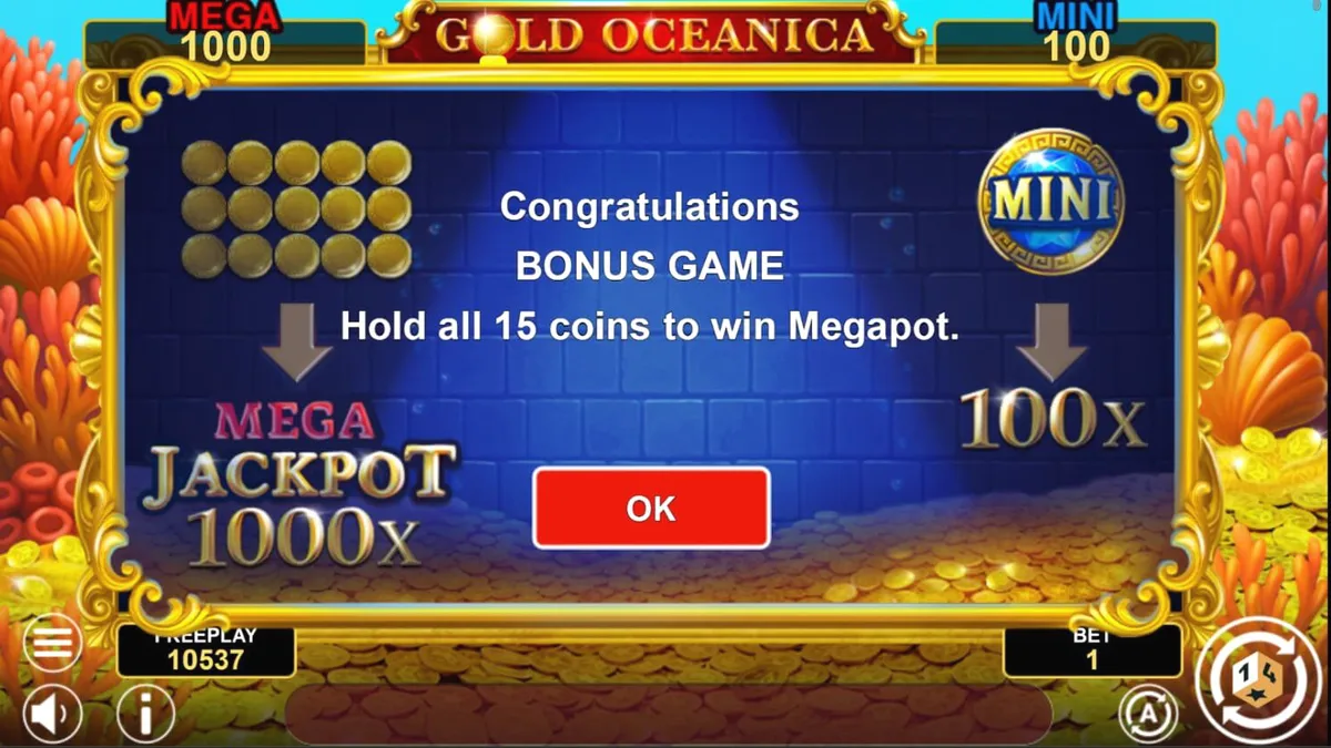 Tampilan visual slot Gold Oceanica dengan tema bawah laut dan dewi Oceanica