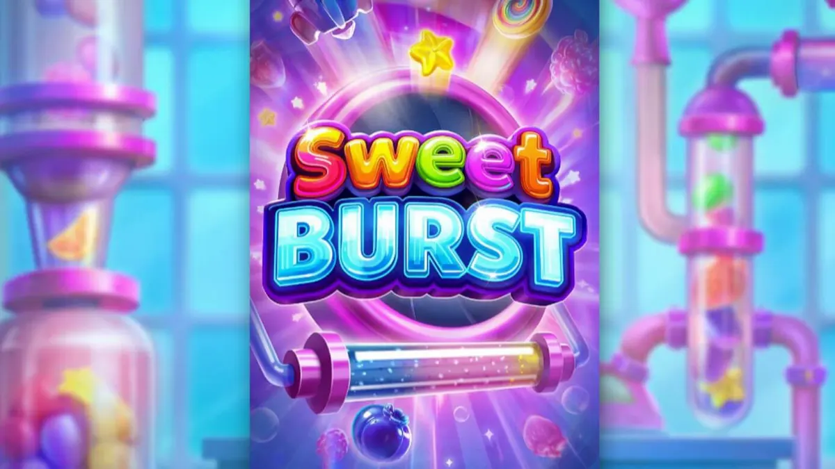 Tampilan antarmuka slot Sweet Burst dengan tema laboratorium permen futuristik