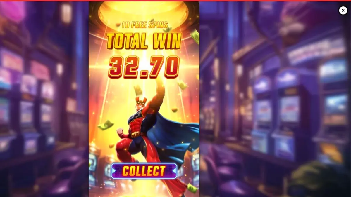 Pahlawan super berdiri di depan latar belakang kota neon dalam slot Super Wildrix